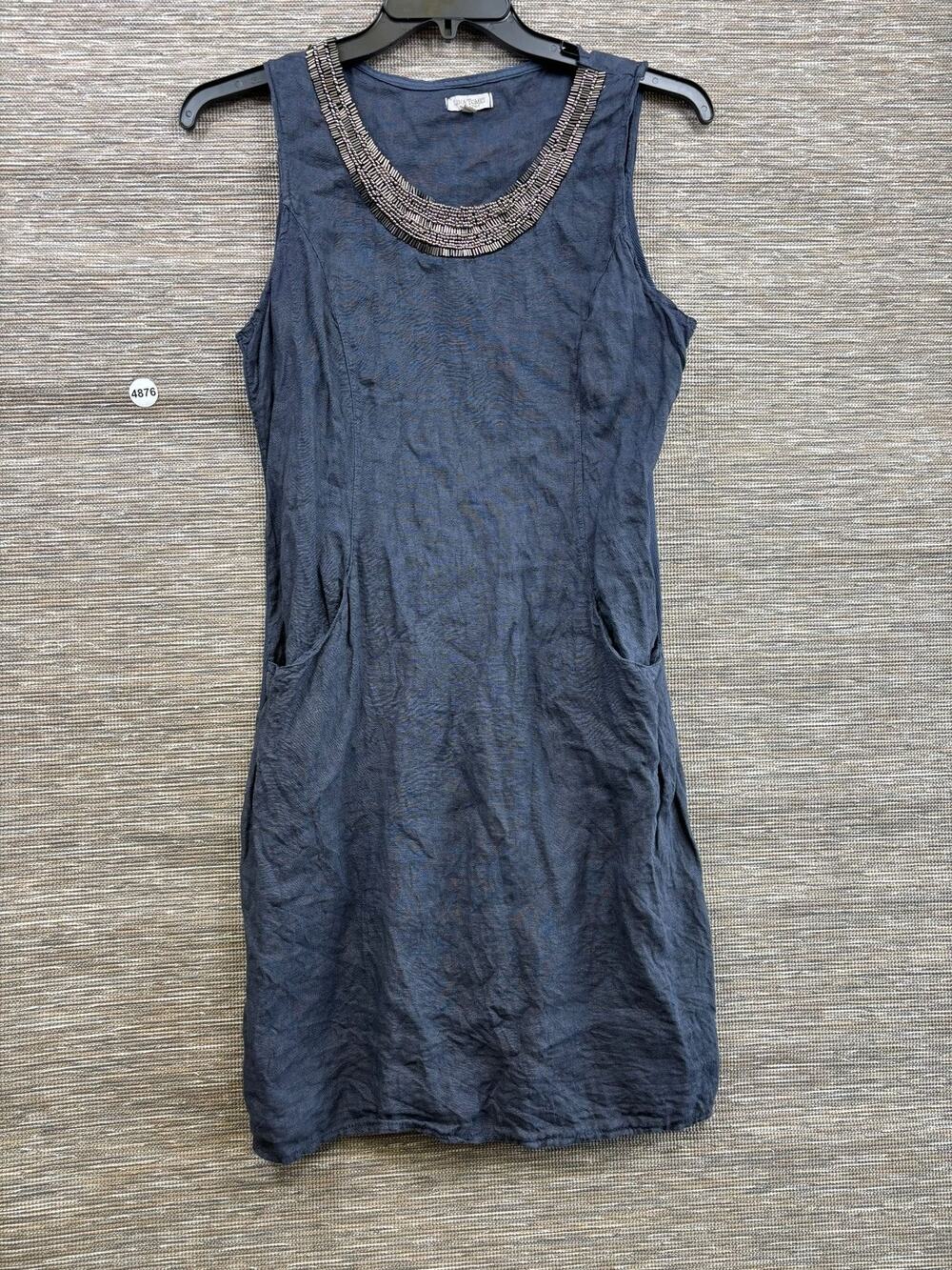 Lina Tomei Dress Womens M Blue Linen Beaded Neck Shift Tank Pockets Knee Length